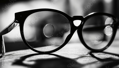 Eyeglass ooking for ultra thin glass circle, black white photo, minimalist style photo