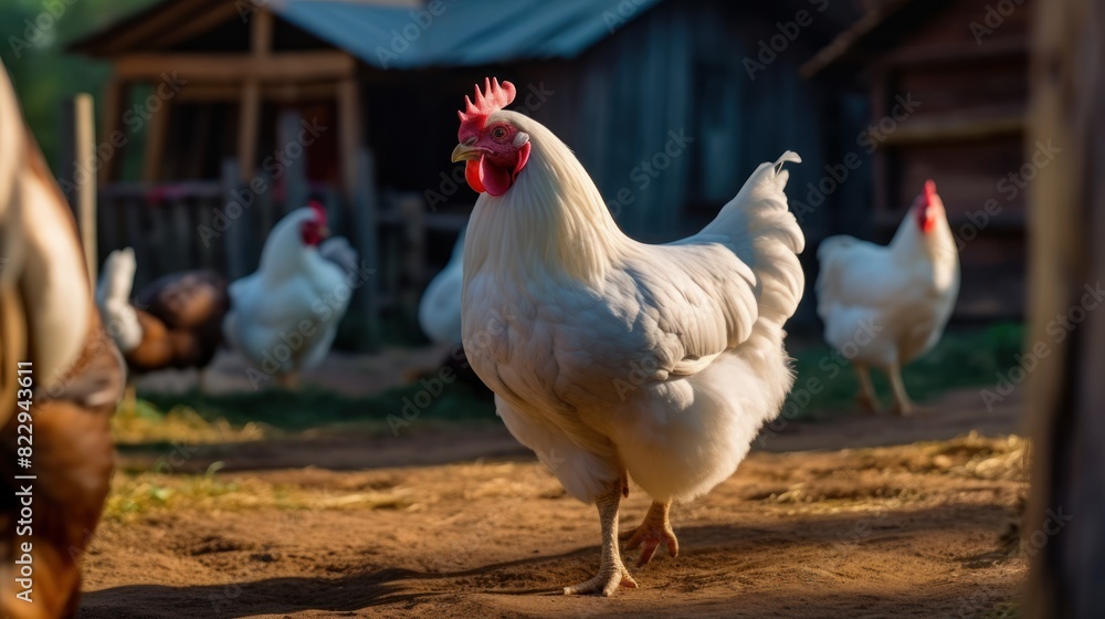 Fototapeta premium Funny hen looking at the camera on farm yard outdoor background.