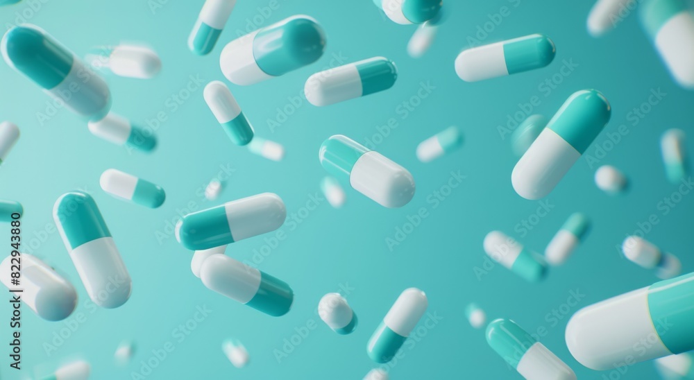 3D animation style in the style of white and teal blue pills falling on a light blue background. 3D animation style in the style of white and teal blue pills falling on a light blue background.