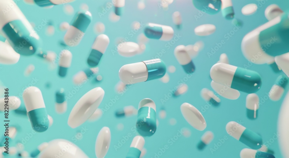 3D animation style in the style of white and teal blue pills falling on a light blue background. 3D animation style in the style of white and teal blue pills falling on a light blue background.