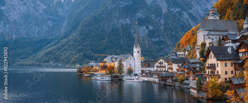 Panoramic view of scenic Hallstatt town and Hallstattersee in Austria photo