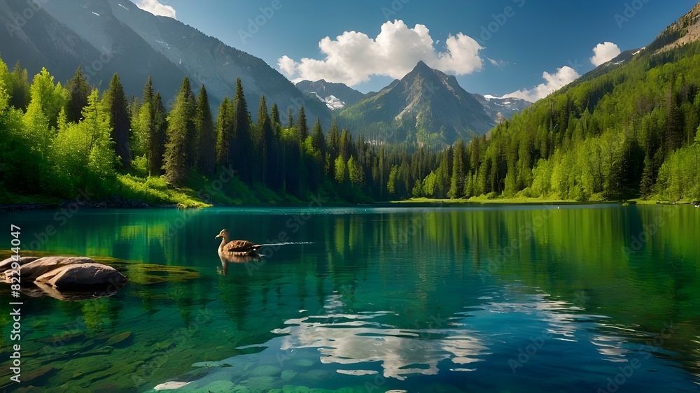 Tranquil Mountain Lake Enveloped in Soft Mist: A Scenic Escape, Green Lake Partially Frozen Over in Winter: A Serene Winter Wonderland, Vibrant Green Lake Between Mountains: A Nature Lover's Paradise,