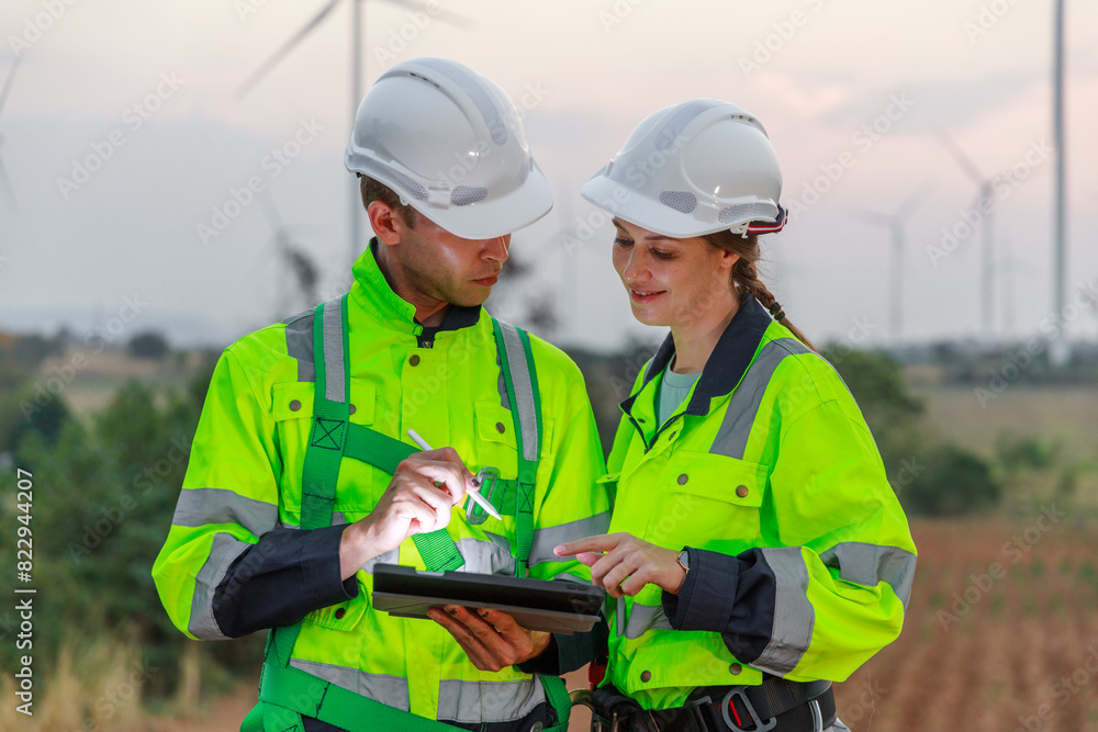 Team engineer wearing safety uniform using tablet discussed plan about renewable energy at station energy power wind. technology protect environment reduce global warming problems. Team engineer wearing safety uniform using tablet discussed plan about renewable energy at station energy power wind. technology protect environment reduce global warming problems.