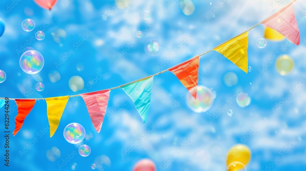 Festive Banner with Colorful Triangular Flags and Bubbles