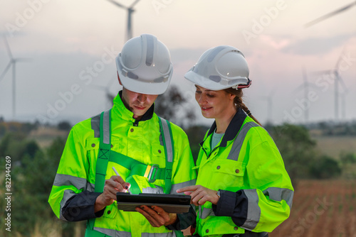 Engineer wearing safety uniform using tablet discussed plan about renewable energy at station energy power wind turbine. technology protect environment reduce global warming problems.