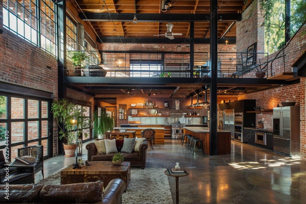 A modern industrial home featuring exposed brick walls and steel beams in an open-plan living area during the morning