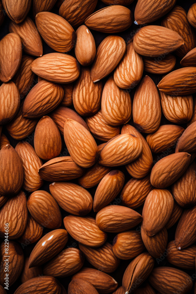 Pile of almonds with brown background and black border. Pile of almonds with brown background and black border.