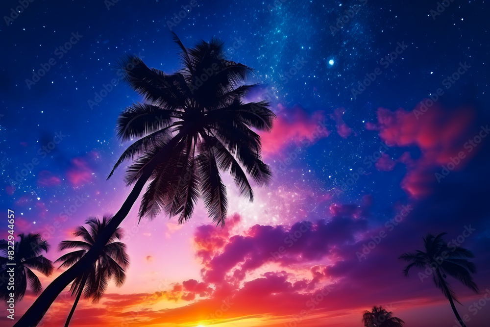Palm tree is silhouetted against colorful sunset with stars.