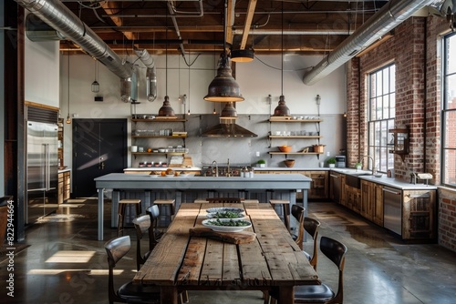 An open-concept kitchen and dining area with industrial design, featuring metal fixtures and reclaimed wood surfaces, in a renovated warehouse during midday © nawaitesa