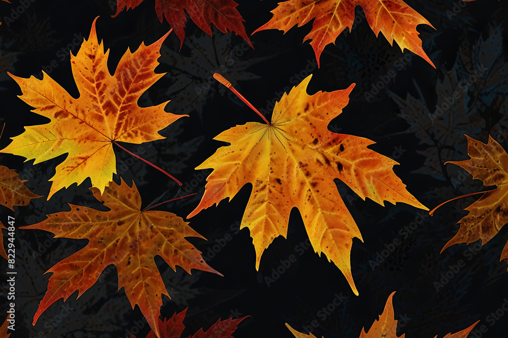 Fototapeta premium Autumn maple leaves on a carbon black background. Vibrant fall colors create a striking contrast, 