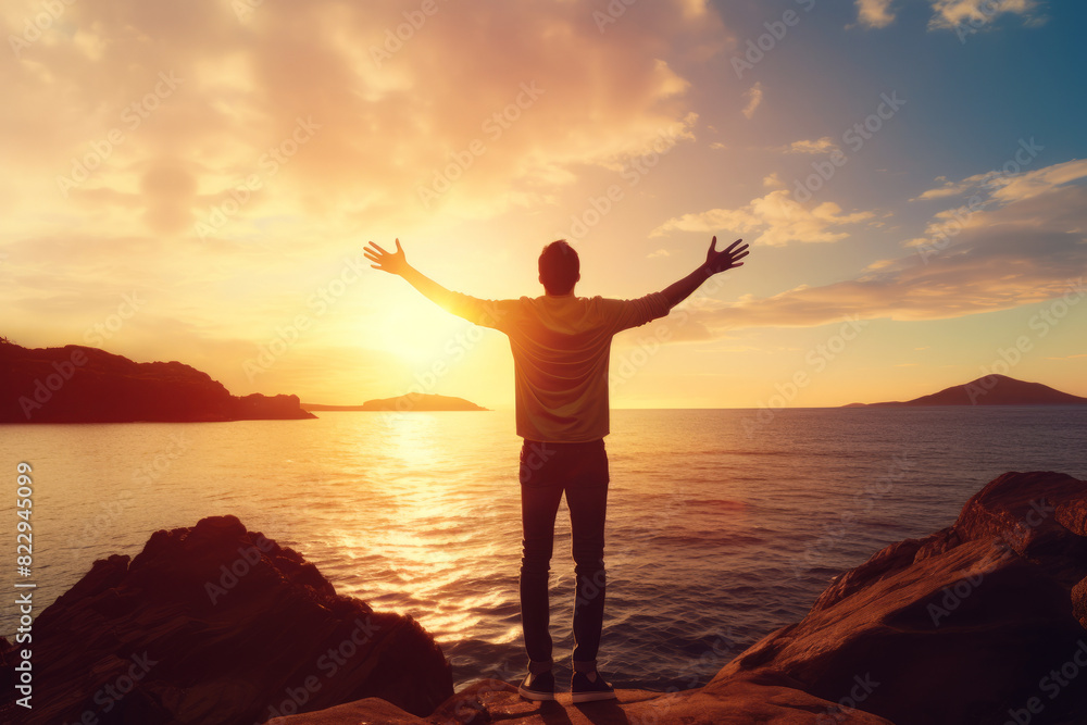 Man standing on rock with his arms outstretched in front of the sun.