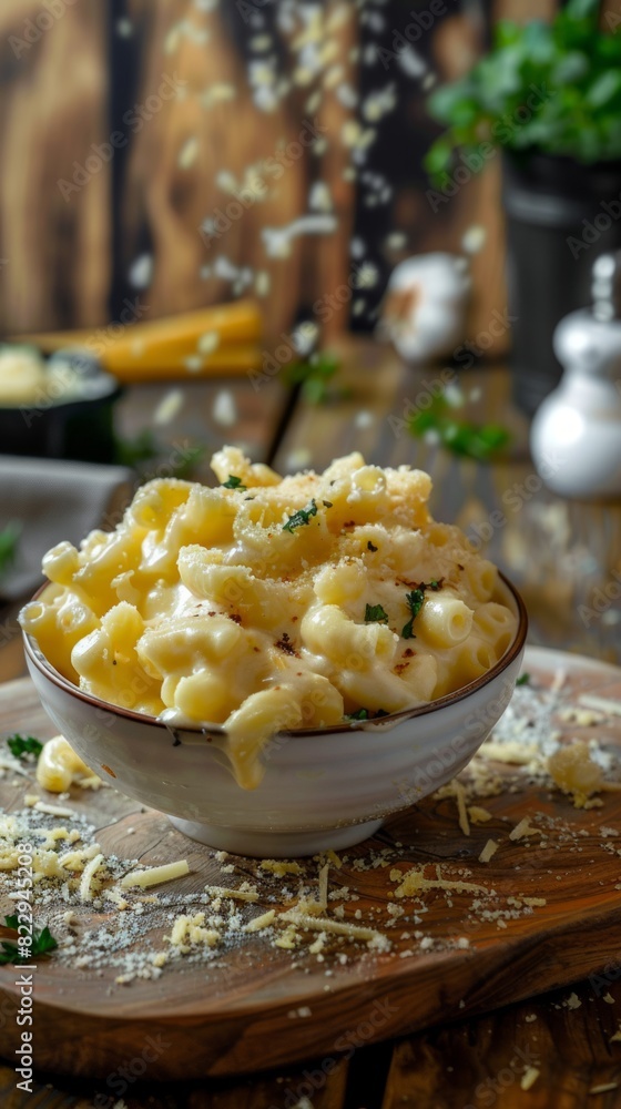 Front view fragrant mac and cheese with spotlight for advertise and presentation Front view fragrant mac and cheese with spotlight for advertise and presentation