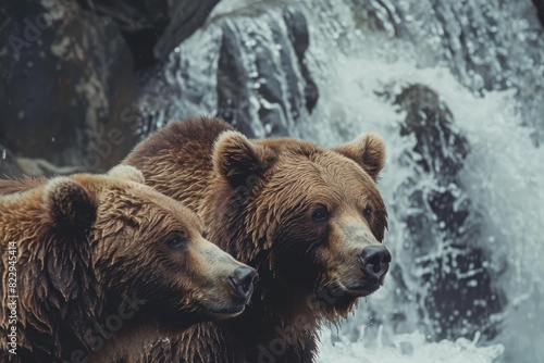 Two brown bears in front of waterfall