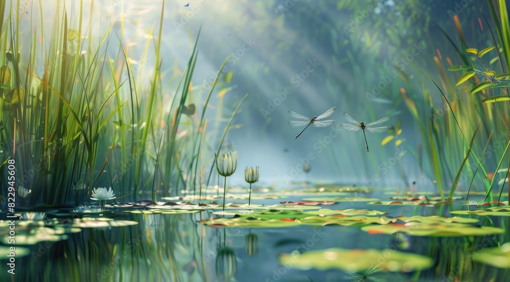 A tranquil pond depicted in a digital painting style, showing dragonflies, water lilies, and a serene landscape A tranquil pond depicted in a digital painting style, showing dragonflies, water lilies, and a serene landscape