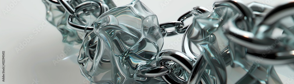 Conceptual design of a sensitive glass sculpture encased in heavy metal chains, representing precision and balance with artistic aesthetics Conceptual design of a sensitive glass sculpture encased in heavy metal chains, representing precision and balance with artistic aesthetics