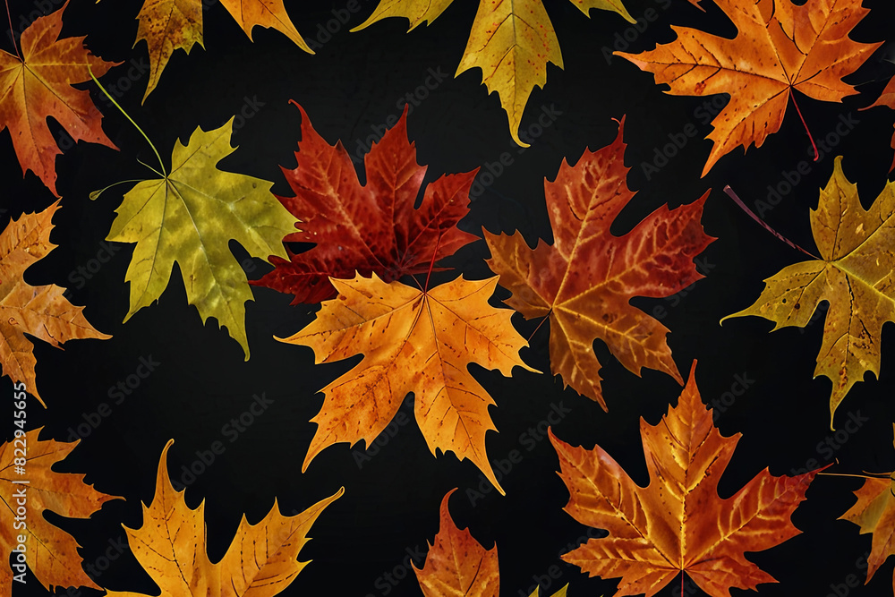 Autumn maple leaves on a carbon black background. Vibrant fall colors create a striking contrast, Autumn maple leaves on a carbon black background. Vibrant fall colors create a striking contrast,