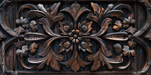 Close-up of floral pattern wood carving, showcasing the craftsmanship and artistic detail in the wooden texture