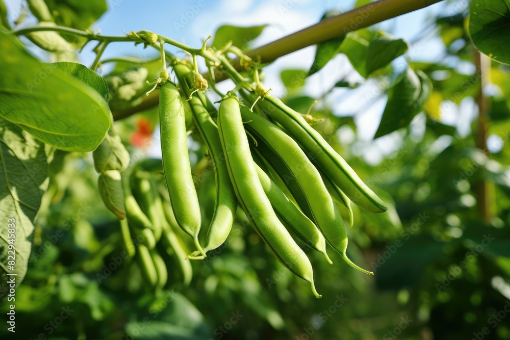 Lush green bean plants with mature pods ready for harvest against. Lush green bean plants with mature pods ready for harvest against.