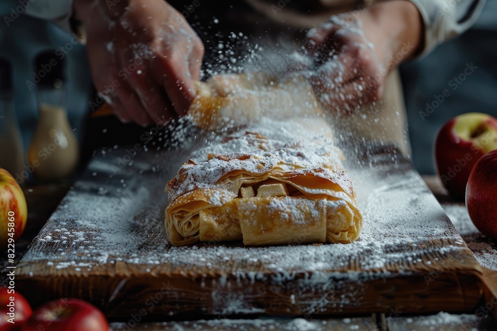Hands carefully sprinkle sugar over a homemade apple tart with ripe fruit on a wooden board Hands carefully sprinkle sugar over a homemade apple tart with ripe fruit on a wooden board