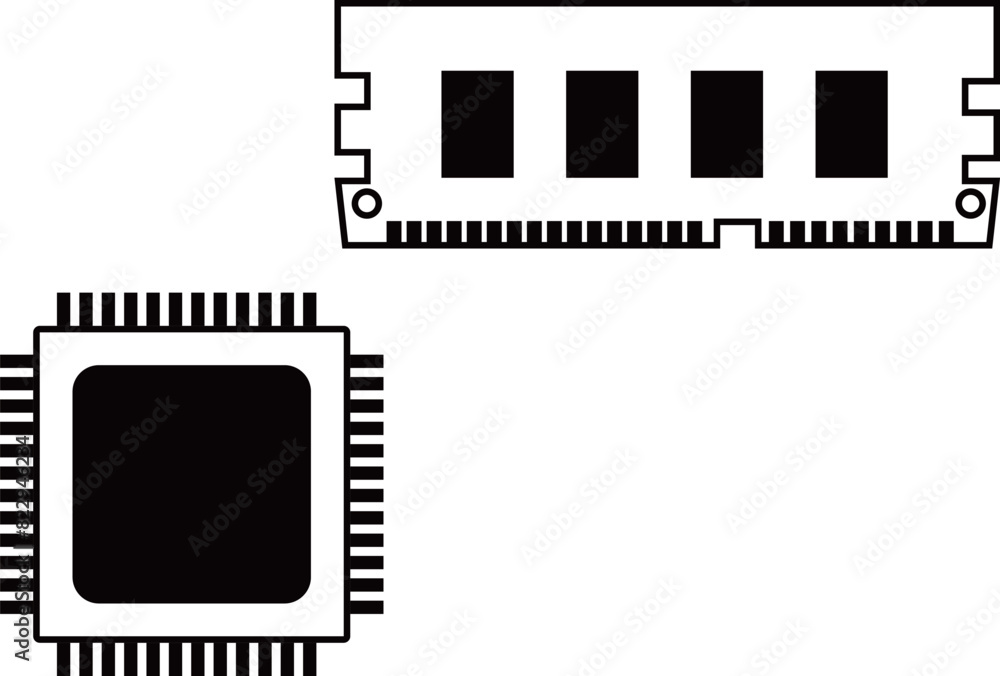Obraz premium シンプルなCPUとRAMのアイコン素材セット