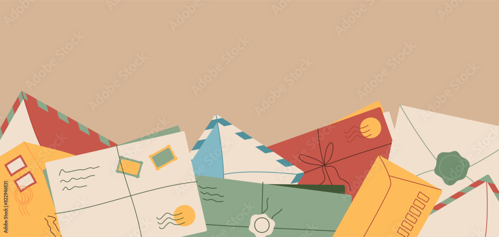 © moonnoon - Trendy paper letter background illustration, creative style handwritten postcard template, cartoon craft post card , flat handmade envelope with correspondence and invitation design.