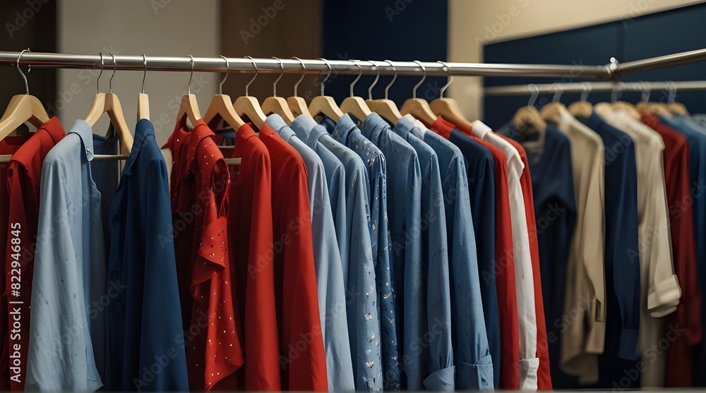boutique fashion racks Clothes store clothing shop shopping shirt rack background retail apparel style garment dress textile woman blue red hanger business market mall model closet hanging 
