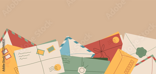 Trendy paper letter background illustration, creative style handwritten postcard template, cartoon craft post card , flat handmade envelope with correspondence and invitation design.