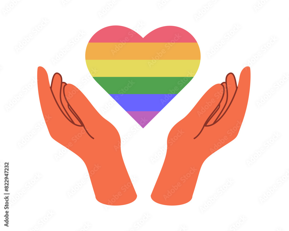 Obraz premium Supportive Hands Holding Rainbow Heart. Symbol of LGBTQ Pride and Love