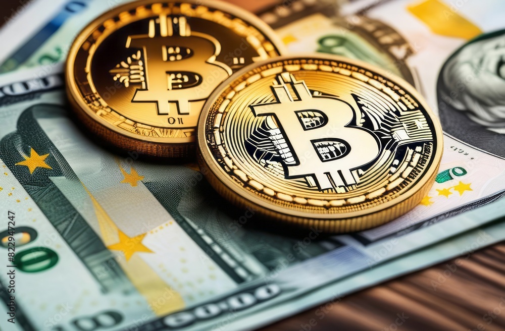 Bitcoin lying on top of a pile of dollar euro banknotes. Exchange US dollars for bitcoin. Cryptocurrency on dollar bills. Digital method of payment. Concept of virtual money. a Bitcoin coin is on top Bitcoin lying on top of a pile of dollar euro banknotes. Exchange US dollars for bitcoin. Cryptocurrency on dollar bills. Digital method of payment. Concept of virtual money. a Bitcoin coin is on top
