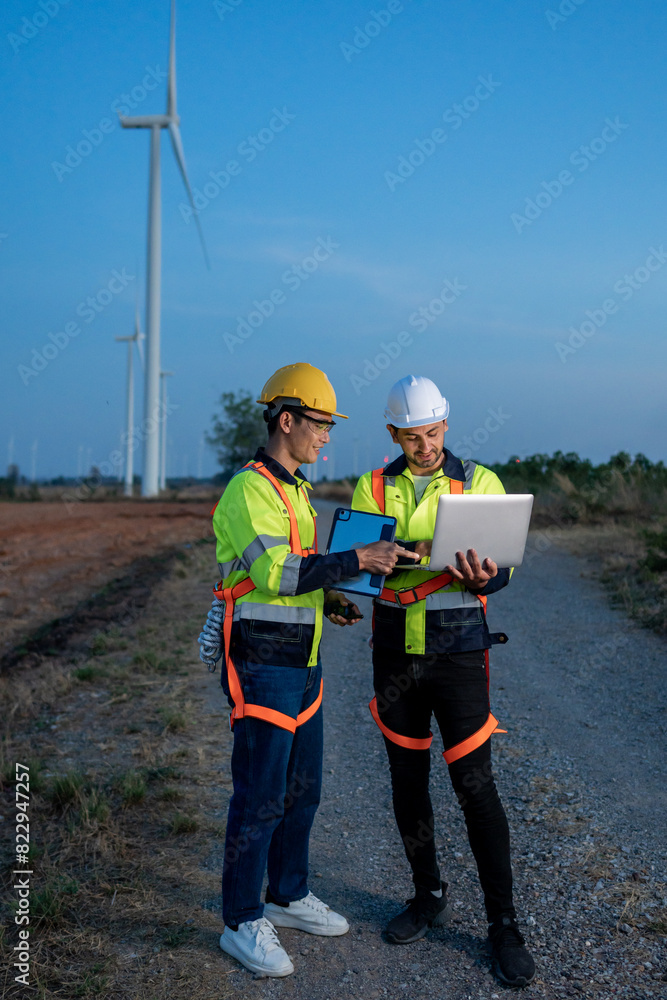 custom made wallpaper toronto digitalDiverse ethnicity male technicians working in the wind turbines field.