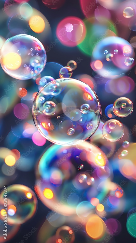 Vivid bubbles with floating spheres and rainbow reflections, producing a playful and colorful spectacle