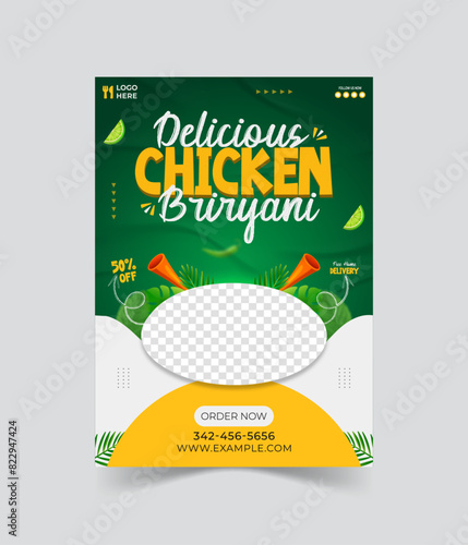 delicious chicken biryani poster or flyer template design