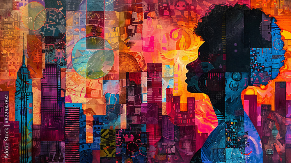 Abstract artwork of a woman exploring a city's architecture, using bright colors and dynamic patterns