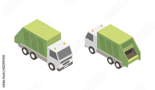 Garbage truck isometry icons. Waste recycling set. 