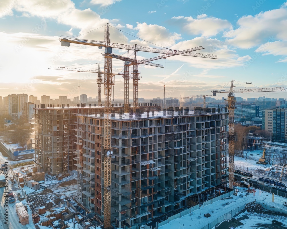 Aerial view of a large construction site with multiple cranes building residential towers in a city during winter with a scenic sky background. Aerial view of a large construction site with multiple cranes building residential towers in a city during winter with a scenic sky background.