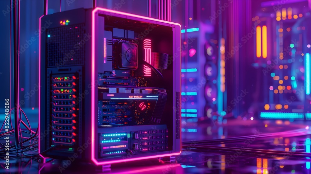 Obraz premium A high-end gaming PC setups with RGB lighting, showcasing powerful components in a neon-lit, tech-filled room