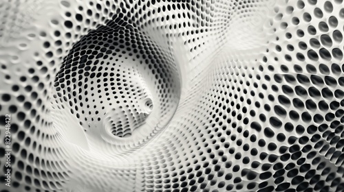 : Overlapping grey and white circles with intricate halftone dot patterns, creating a visually captivating abstract texture.