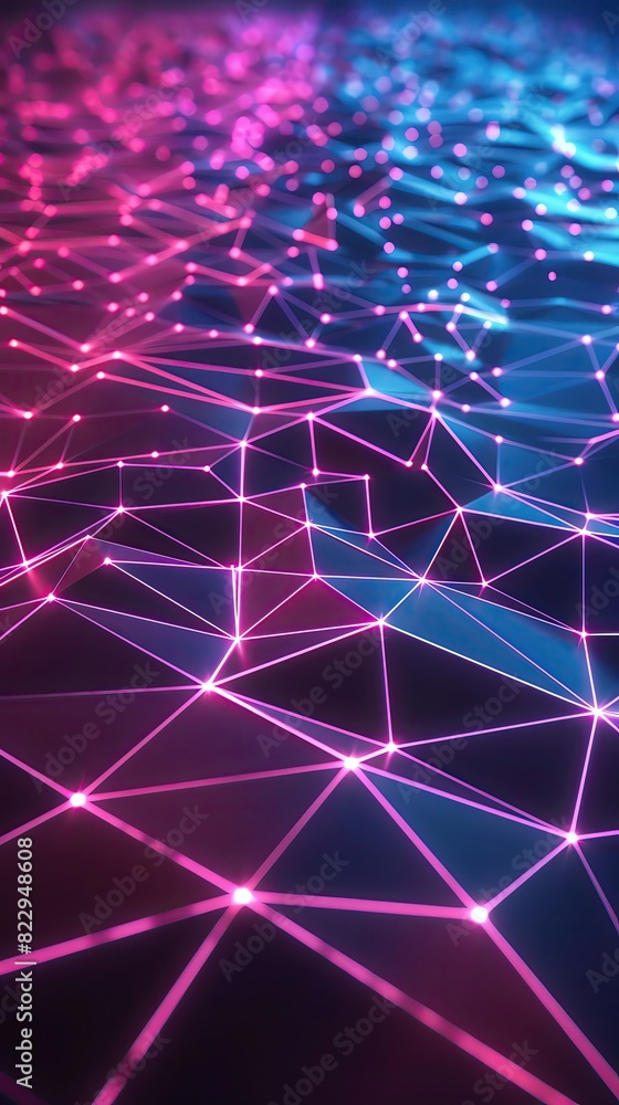 Obraz premium Neon polygon background with a grid of interconnected, bright geometric shapes, set against a sleek, dark surface