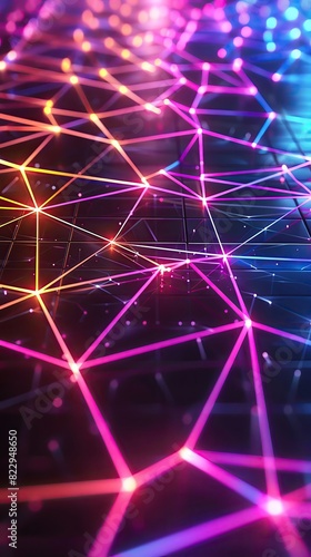 Neon polygon background with a grid of interconnected, bright geometric shapes, set against a sleek, dark surface