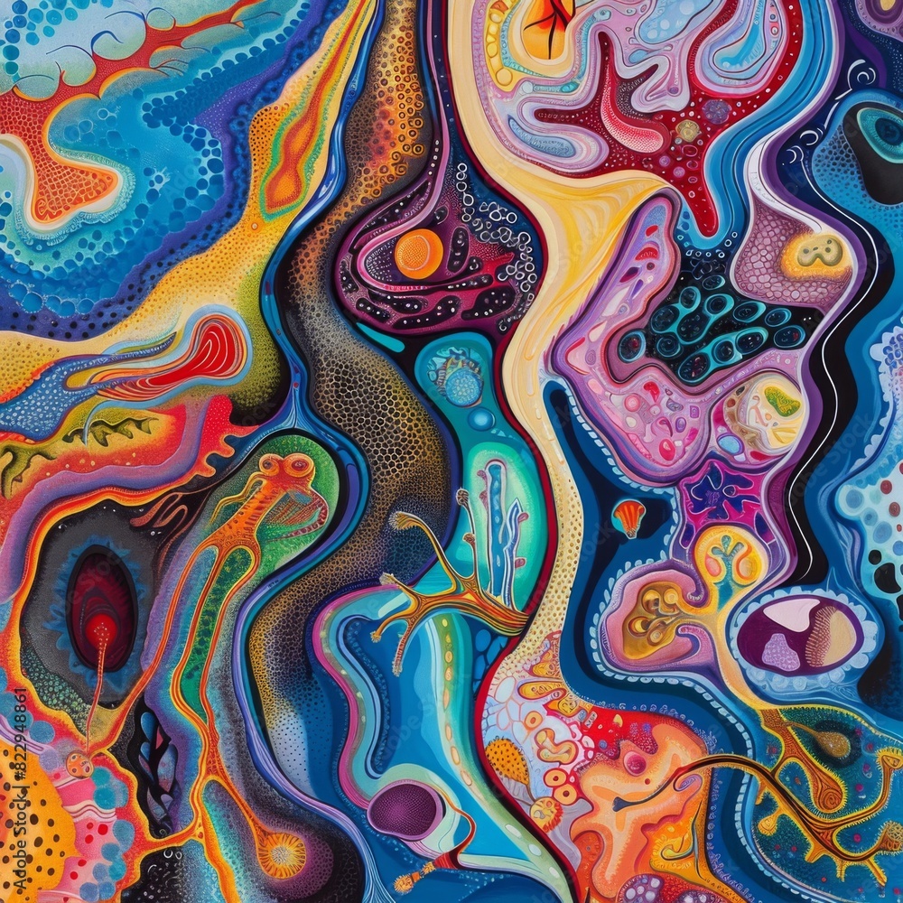 A colorful abstract painting with a lot of dots and swirls