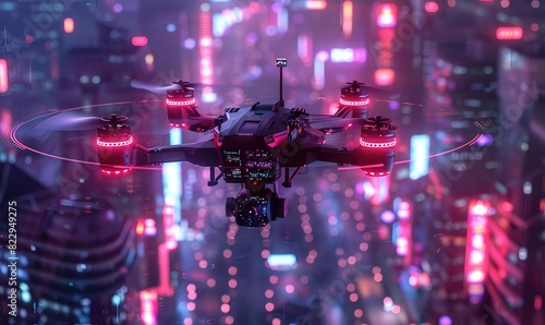 AIpowered drone  urban landscape  advanced surveillance  glowing neon lights  cyberpunk style  high resolution