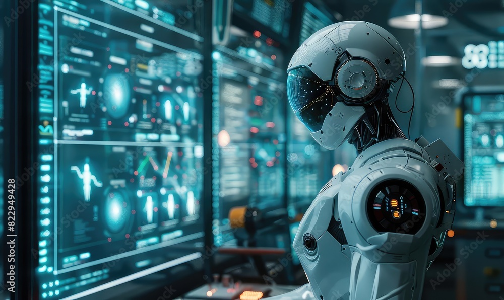 AIpowered robot in a lab, analyzing data, holographic screens, hightech environment, futuristic design, detailed illustration AIpowered robot in a lab, analyzing data, holographic screens, hightech environment, futuristic design, detailed illustration