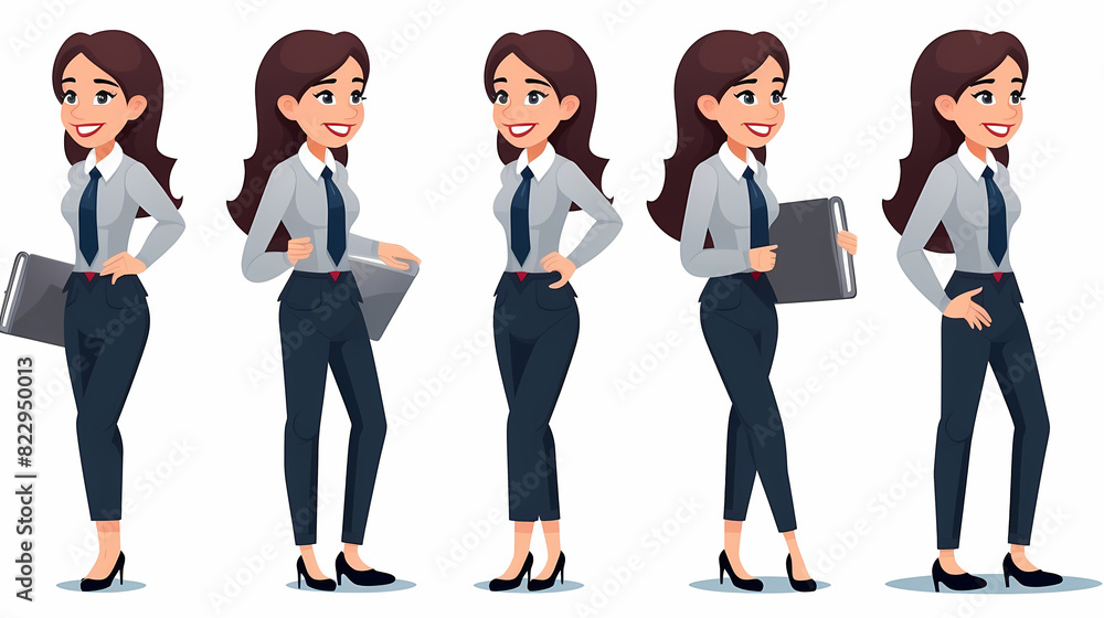 Set of businesswoman character vector design. Presentation in various action with emotions, running, standing and walking. People working in office planning, thinking and economic analysis Set of businesswoman character vector design. Presentation in various action with emotions, running, standing and walking. People working in office planning, thinking and economic analysis