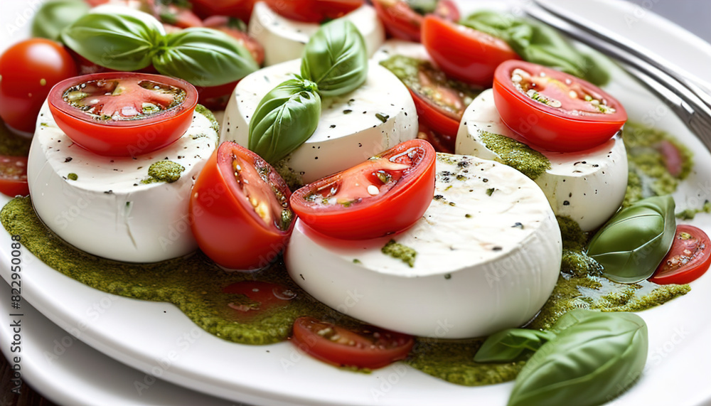 Delicious italian caprese salad with tomatoes, mozarella, basil leaves, olive oil. Tasty delicious burrata cheese with fresh tomatoes. Pesto sauce ingredients pine nuts. Generated AI Delicious italian caprese salad with tomatoes, mozarella, basil leaves, olive oil. Tasty delicious burrata cheese with fresh tomatoes. Pesto sauce ingredients pine nuts. Generated AI