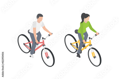 Man and woman on cycles. Cycle driving isometric icons set. 