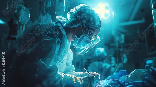 A doctor wearing a surgical gown is performing a serious operation.