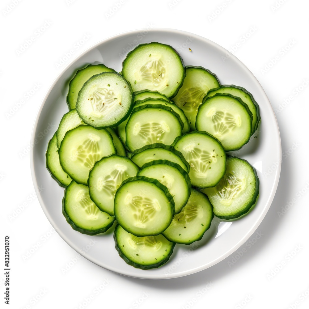 Top view on dish with slices of cucumber isolated on white background. Top view on dish with slices of cucumber isolated on white background.