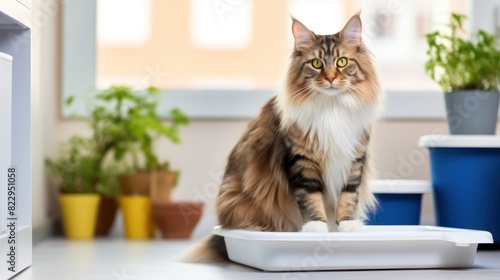 The Maine Coon cat sitting in cozy interior background with litter box, pet toilet care concept.