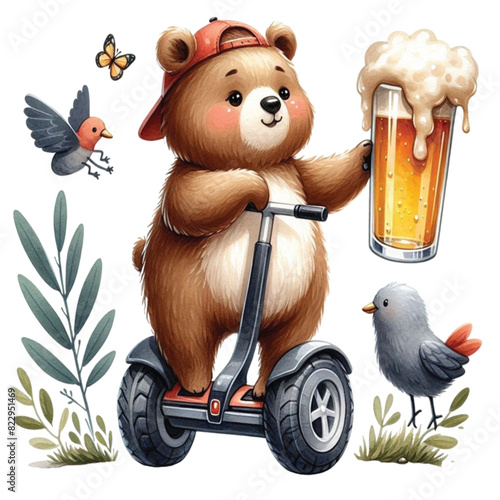 bear holding a beer glass stands on a Segway
