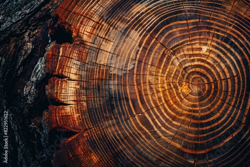 Wood stump background. Round felled tree with annual rings as wood texture - generative ai photo